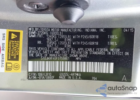 2015 Toyota Highlander Xle V6 from USA, damaged, VIN 5TDJKRFH3FS159861